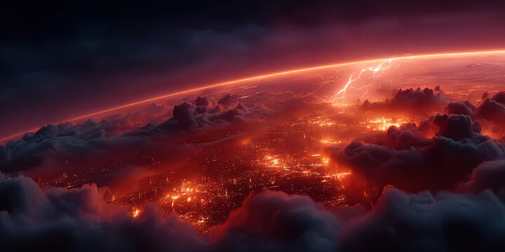 Futuristic planet horizon red sky glowing cloud lava field lightning storm alien landscape space view dramatic light dark cloud fiery surface