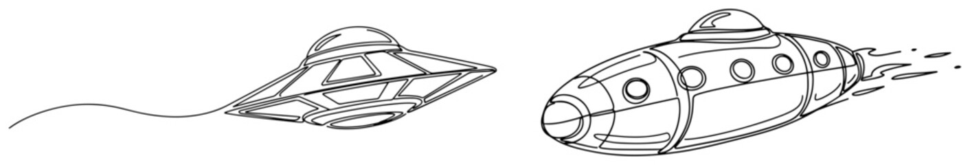 Retro rocket spaceship and flying saucer UFO in continuous line art style © Katarzyna