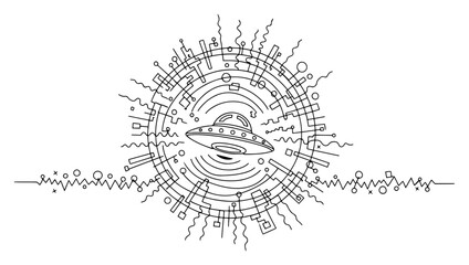 UFO flying saucer surrounded by abstract geometric technology patterns in continuous line art style © Katarzyna