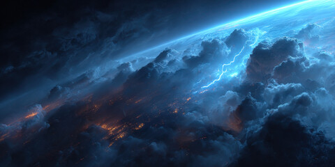 Fototapeta premium Futuristic planet view dramatic cloud blue sky lightning storm dark atmosphere glowing city space horizon alien landscape cosmic scene realistic render