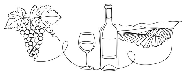 Fototapeta premium Wine bottle with glass and grapes bunch next to vineyard hills in continuous line art style