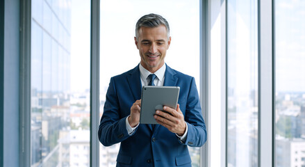 Fototapeta premium Businessman using a digital tablet in a modern office with city view. Professional man in a blue suit working on a mobile device