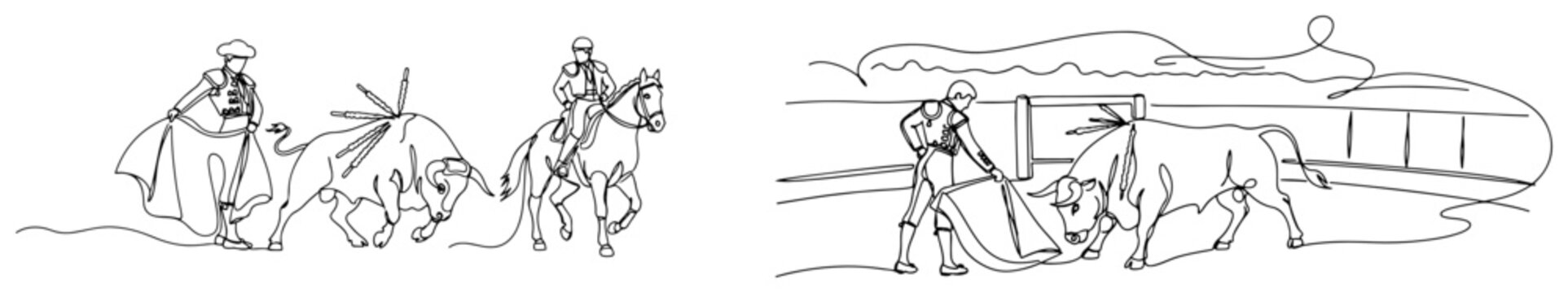 Spanish bullfight scene with matador picador on horse and bull in continuous line art style