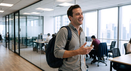 Fototapeta premium Happy man with backpack walking through modern office. Professional employee smiling in workplace