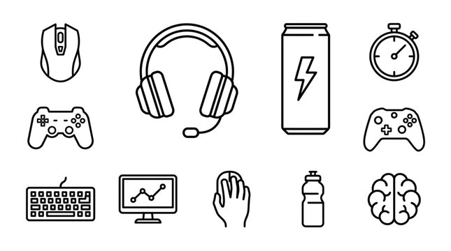 An array of twelve black lineart icons related to gaming including hardware energy drinks and health