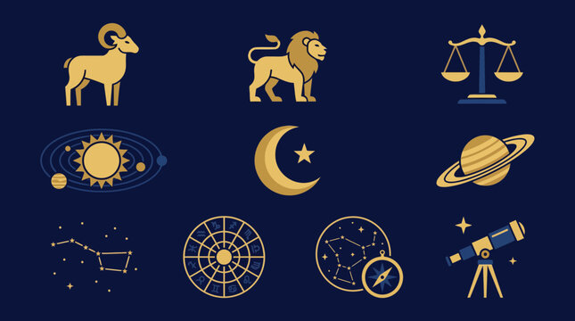 A collection of eleven golden celestial and astrological icons set against a solid dark navy blue background