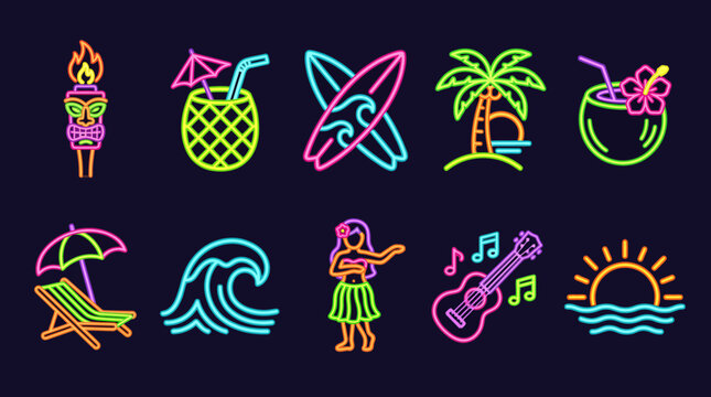 A set of ten neon icons with a tropical theme arranged in two rows against a dark purple background