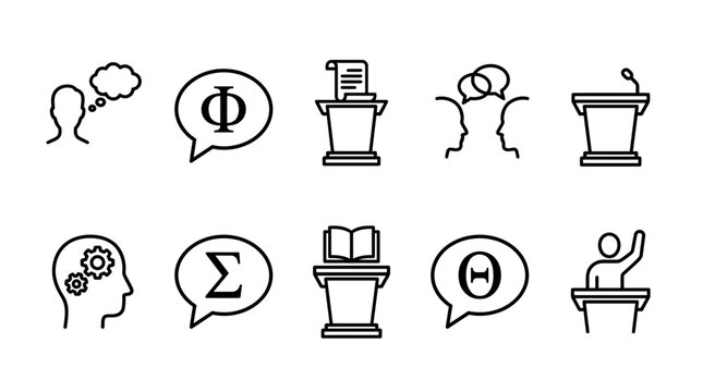 Ten linear black icons displayed in two rows illustrating people symbols in speech bubbles podiums and cognitive concepts