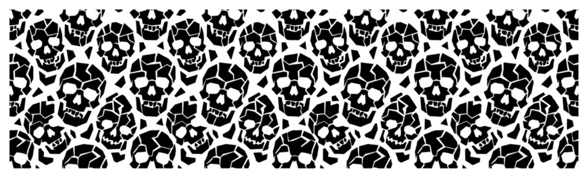 Human skulls with cracked textures in a crowded dark pattern and gothic grunge style