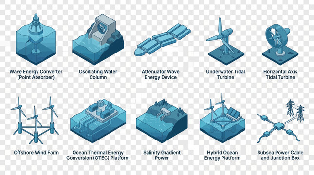 An isometric set of ten icons depicting various marine energy harvesting technologies and power infrastructure