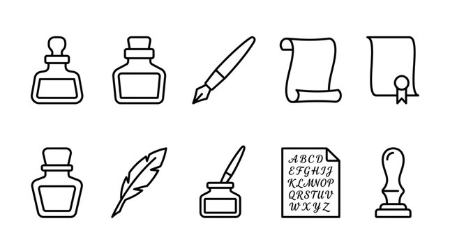 A grid of ten blackline icons depicting classic writing and calligraphy tools including inkwells quills scrolls and alphabet sheets