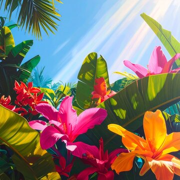  Summer tropical delight with vibrant hues and azure undertones mingling in lush foliage, where exotic flowers unfurl under dappled sunlight in a vivid