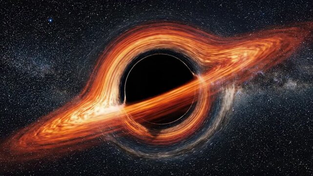 Black hole, visualizing a supermassive cosmic phenomenon, demonstrating intense gravitational pull, singularity, luminous matter accretion disk, orbiting event horizon, distorting spacetime, physics.
