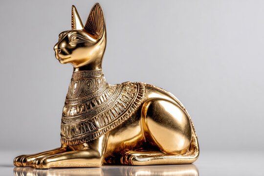 Golden Egyptian Cat Statue: An exquisite golden statue depicting an ancient Egyptian cat, likely Bastet, rests elegantly, showcasing intricate detailing and a regal aura.