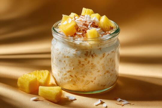 Tropical Breakfast Delight: A refreshing jar of overnight oats topped with diced pineapple and shredded coconut, served with a side of fresh pineapple chunks.