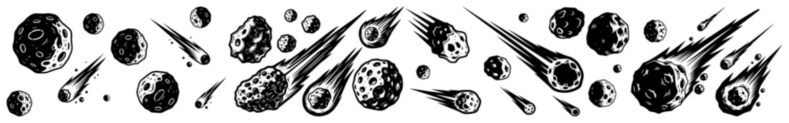 Asteroids and falling meteors in space vintage engraving style © Katarzyna