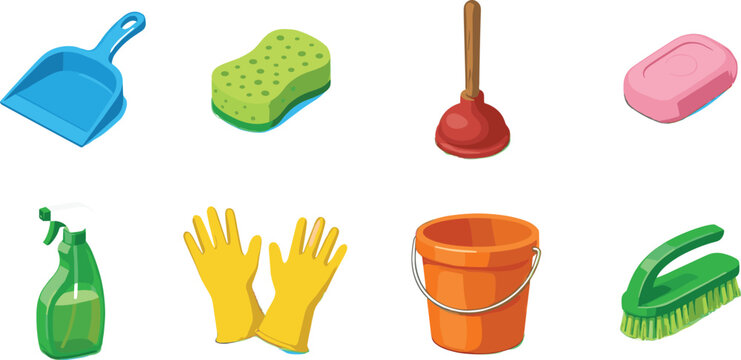 Cleaning supplies and household hygiene collection vector illustration featuring bucket gloves sponge soap spray bottle brush and plunger for home maintenance