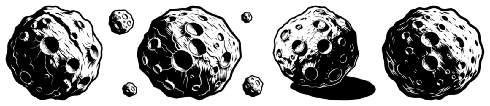 Asteroids and meteorites with craters in a hand drawn high contrast hatching style