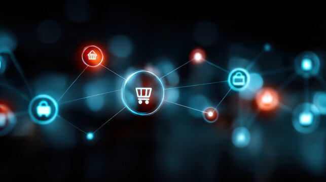 Digital marketplace online shopping shopping cart network connection digital icon commerce e commerce retail sale technology marketplace internet mobile app user interface data transfer connection