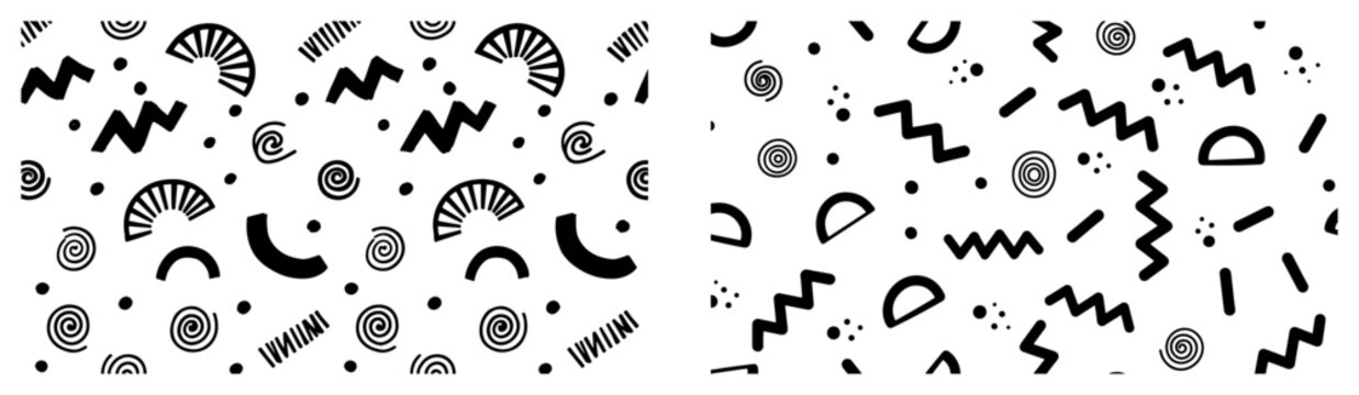 Abstract memphis pattern with geometric doodles zigzags and spirals modern style