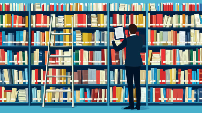 Man in a suit reading a book in a colorful library aisle