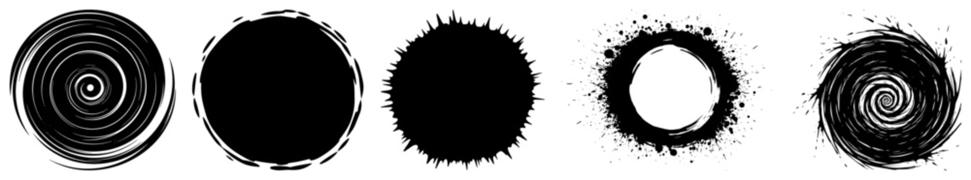 Black abstract grunge circles with textured splatters and swirl designs in vector style