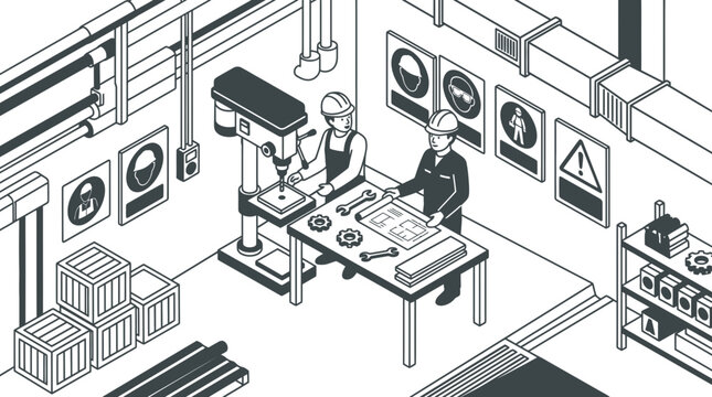 Factory workers operating drill press, planning in workshop isometric