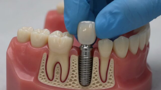 Dentist hand in glove placing a ceramic crown on a titanium implant on a plastic jaw model. Visual demonstration of prosthodontics process and tooth structure in cross section.