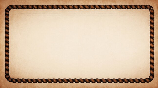 Worn parchment paper features a thick braided rope border. This decorative frame evokes old west or nautical themes, perfect for vintage announcements or rustic advertisements.