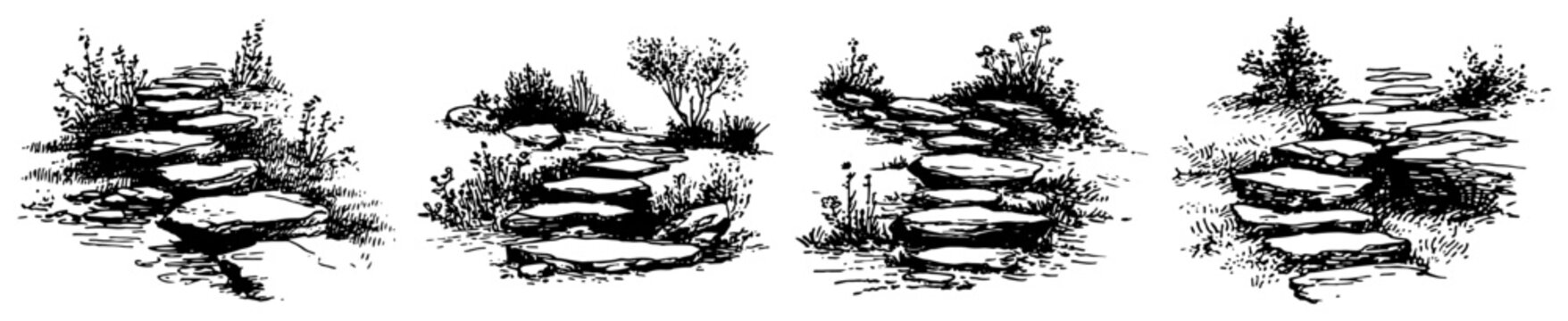 Stone garden path with stepping stones and foliage in vintage sketch style