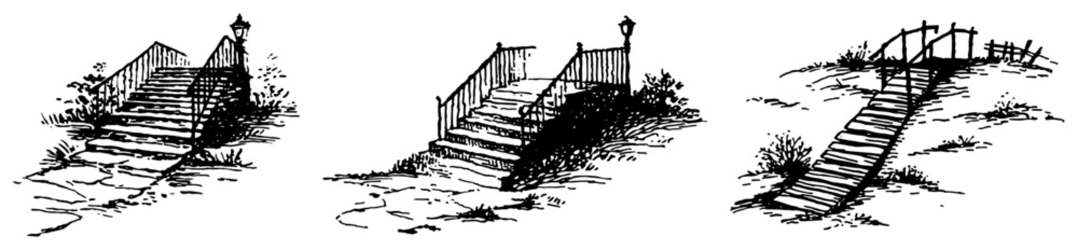 Garden stairs and wooden bridge for backyard landscaping in hand drawn sketch style