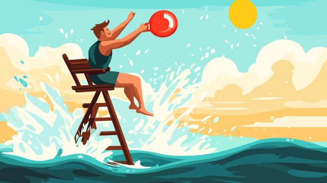Person on lifeguard chair tossing ball into ocean at sunset