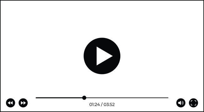Minimalist Digital Media Video Player Interface Vector Layout with Play Button, Timeline Progress Bar, Time Counter, Volume Icon, and Fullscreen Controls for Websites and Applications