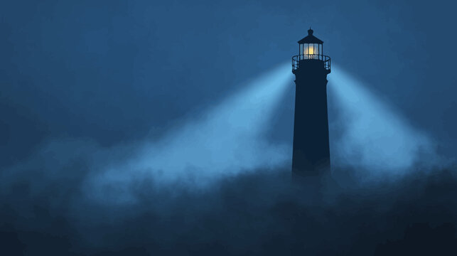 Tall lighthouse emitting beams of light on stormy sea, night