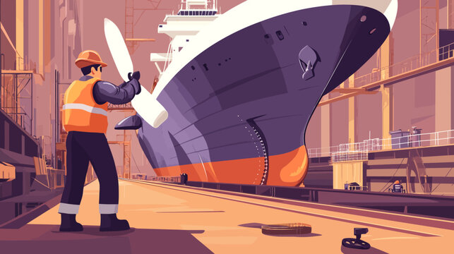 Ship undergoing construction in an industrial shipyard