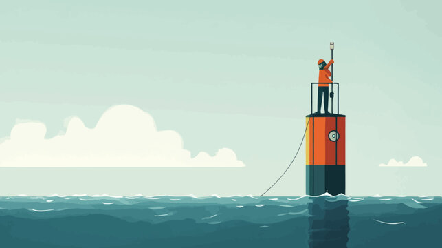 Person with safety gear standing on a platform in the sea holding a flag