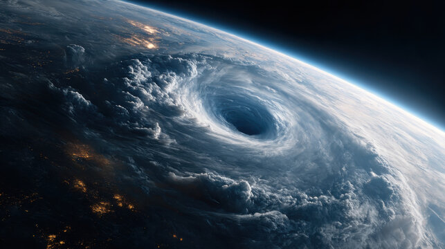 Space view of colossal cyclone storm over Earth, swirling cloud vortex above planet at night with dramatic atmosphere and dark center