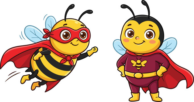 Cute Superhero Honey Bee Cartoon Character Set in Flying and Standing Poses with Red Capes, Masks, and Costumes for Kids Education, Children Books, and Logo Designs
