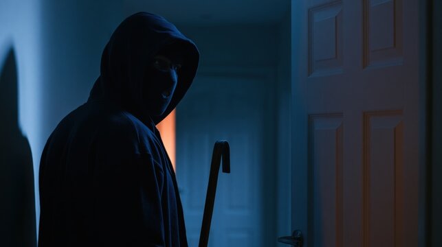 Mysterious masked figure with crowbar stands in a dimly lit hallway near a door