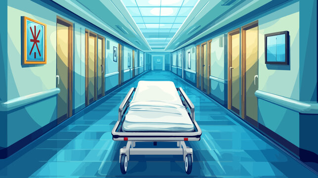 Empty hospital corridor with a gurney and multiple closed doors