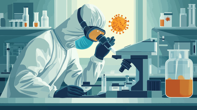 Scientist in full protective gear examines virus model with microscope