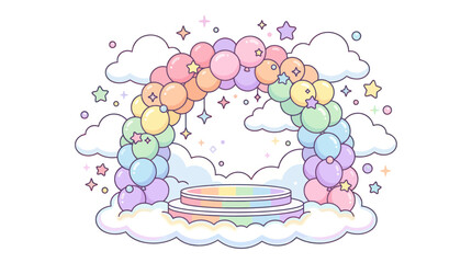 Fototapeta premium Whimsical Pastel Rainbow Balloon Arch with Podium on Clouds