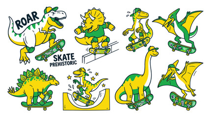 Dinosaur Skaters Roar Prehistoric Fun: Cool T-Rex, Triceratops, Pterodactyls © udin