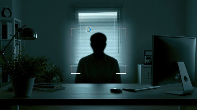 Shadowy figure detected in office at night with surveillance camera focus