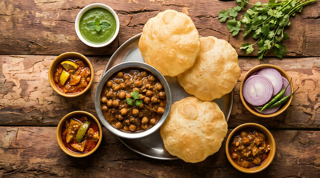 Authentic north indian breakfast spread featuring fluffy poori bread savory chana masala chickpea curry and assorted pickles served on a rustic wooden table with fresh cilantro