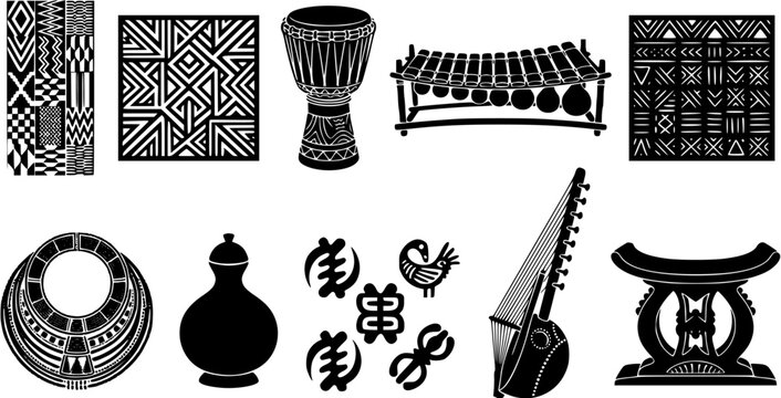 Set of African traditional cultural elements including tribal patterns, djembe drum, balafon, kora, jewelry, and stools in black silhouette