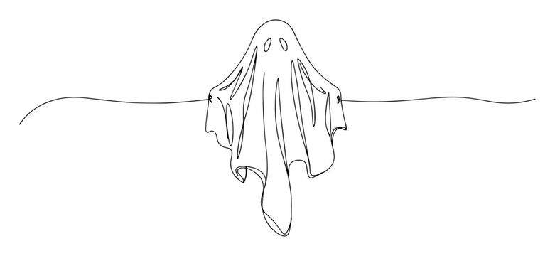 Spooky sheet ghost floating one line drawing