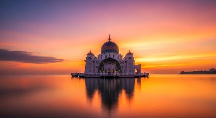 Obraz premium A breathtaking view of a majestic floating mosque on calm water during a vibrant sunrise with golden light reflecting on the peaceful sea, horizon, coastline, orange