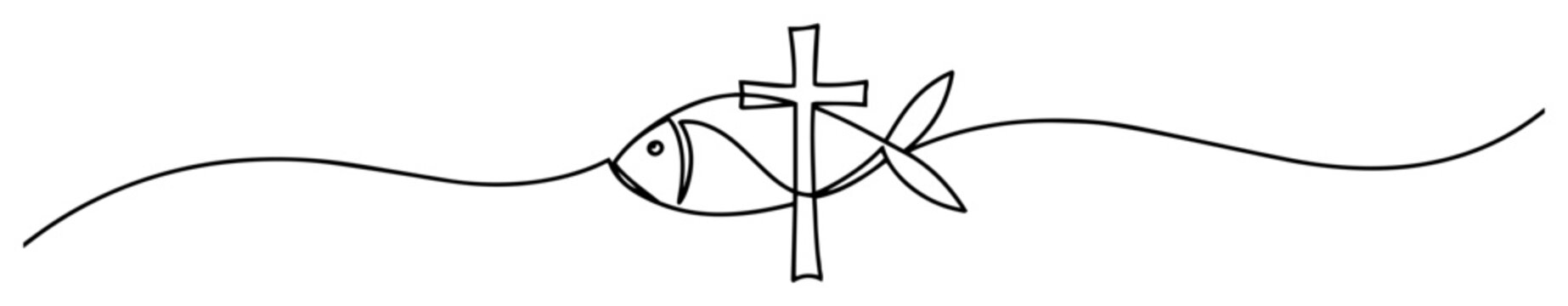 Christian fish ichthys and cross symbol in minimalist continuous line art style