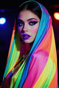 Woman in bright neon colors with vibrant makeup poses in nightclub. Bold fashion style, striking eye and lip color. Glamorous person with colorful headscarf, dramatic lighting creates high contrast.